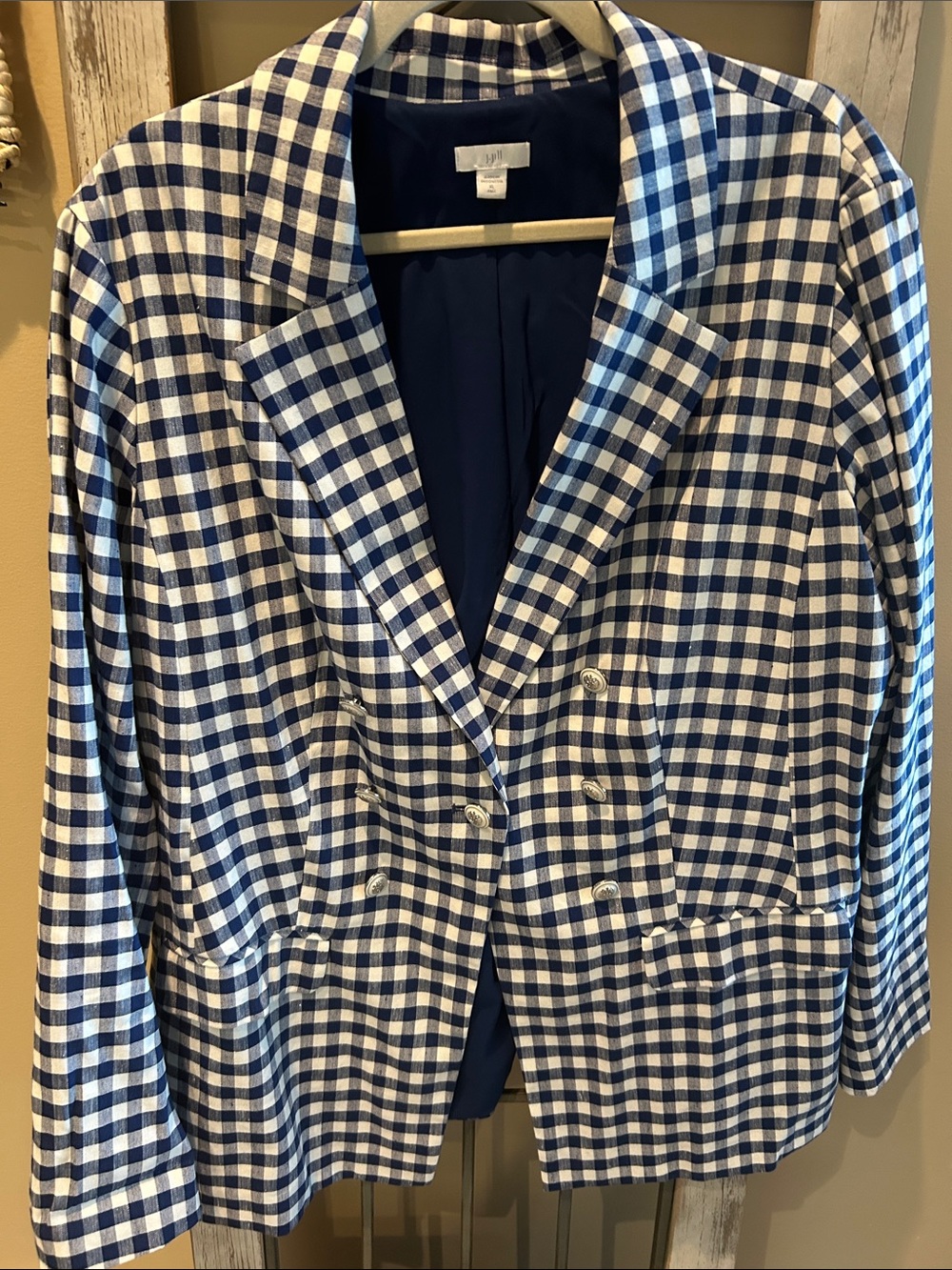 J. Jill Navy and White Gingham Double-Breasted Blazer